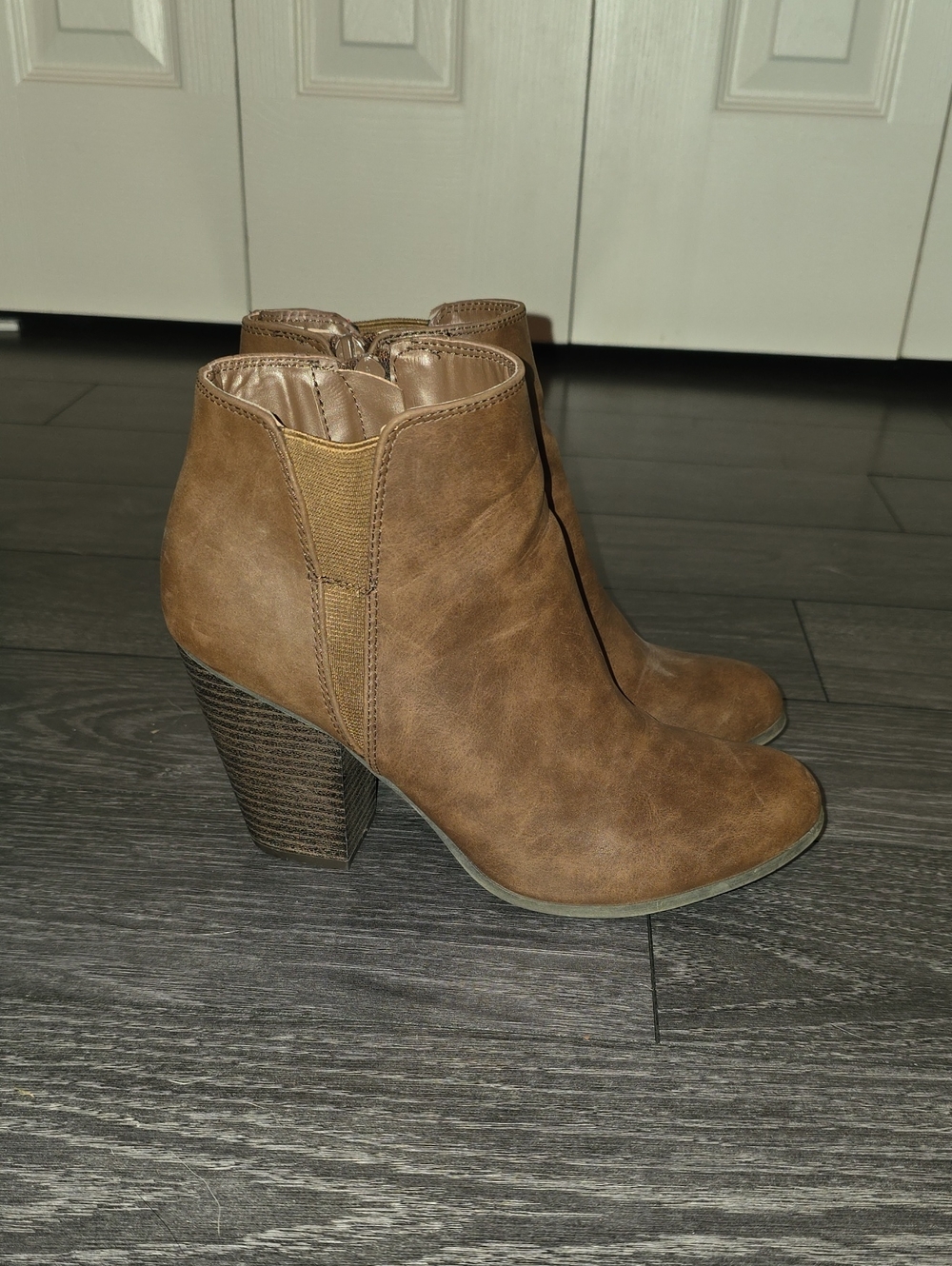 Fergalicious Tan Brown Suede Ankle Booties with Stacked Heel